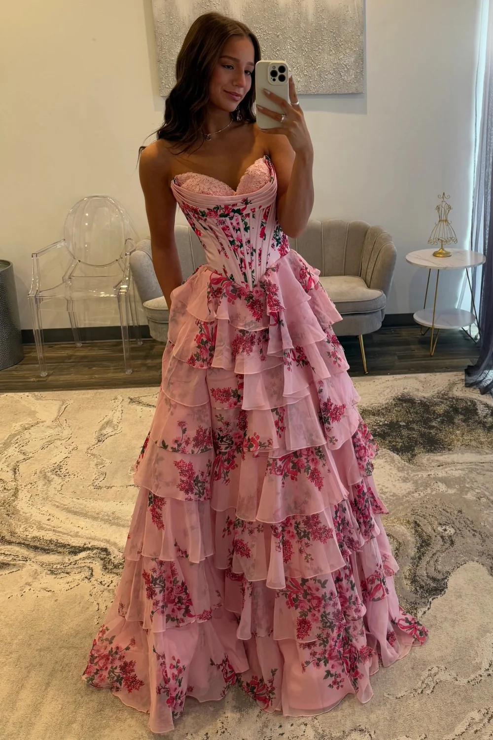 Fairytale Pink Floral Corset Sweetheart Prom Dress with Tiered Skirt And Slit - Image 6