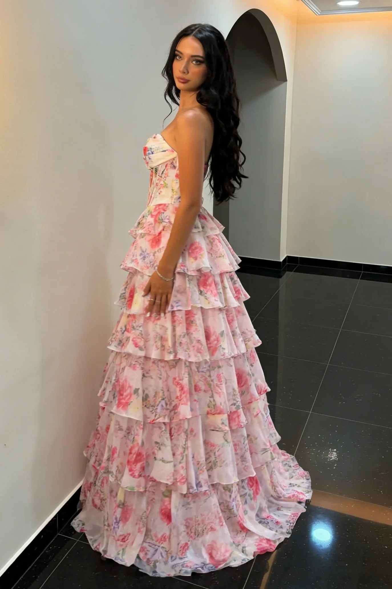 Fairytale Pink Floral Strapless Prom Dress with Corset Bodice and Ruffle Skirt - Image 3