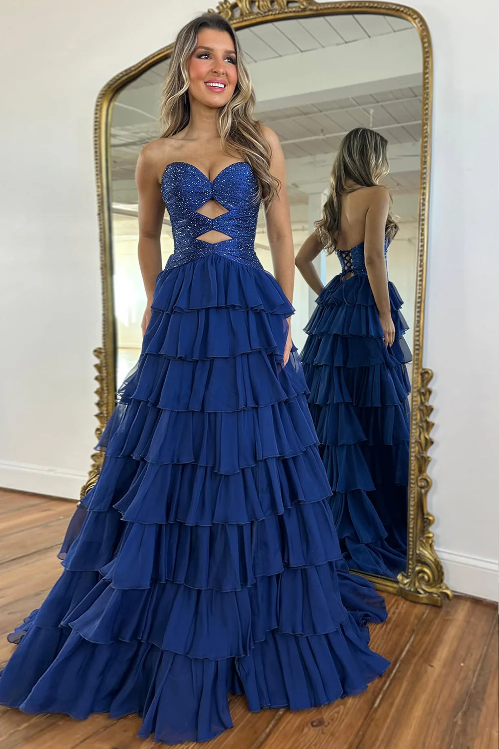 Fairytale Prom Dress with Glitter Bodice Layered Ruffle Skirt and Lace-Up Back - Image 2