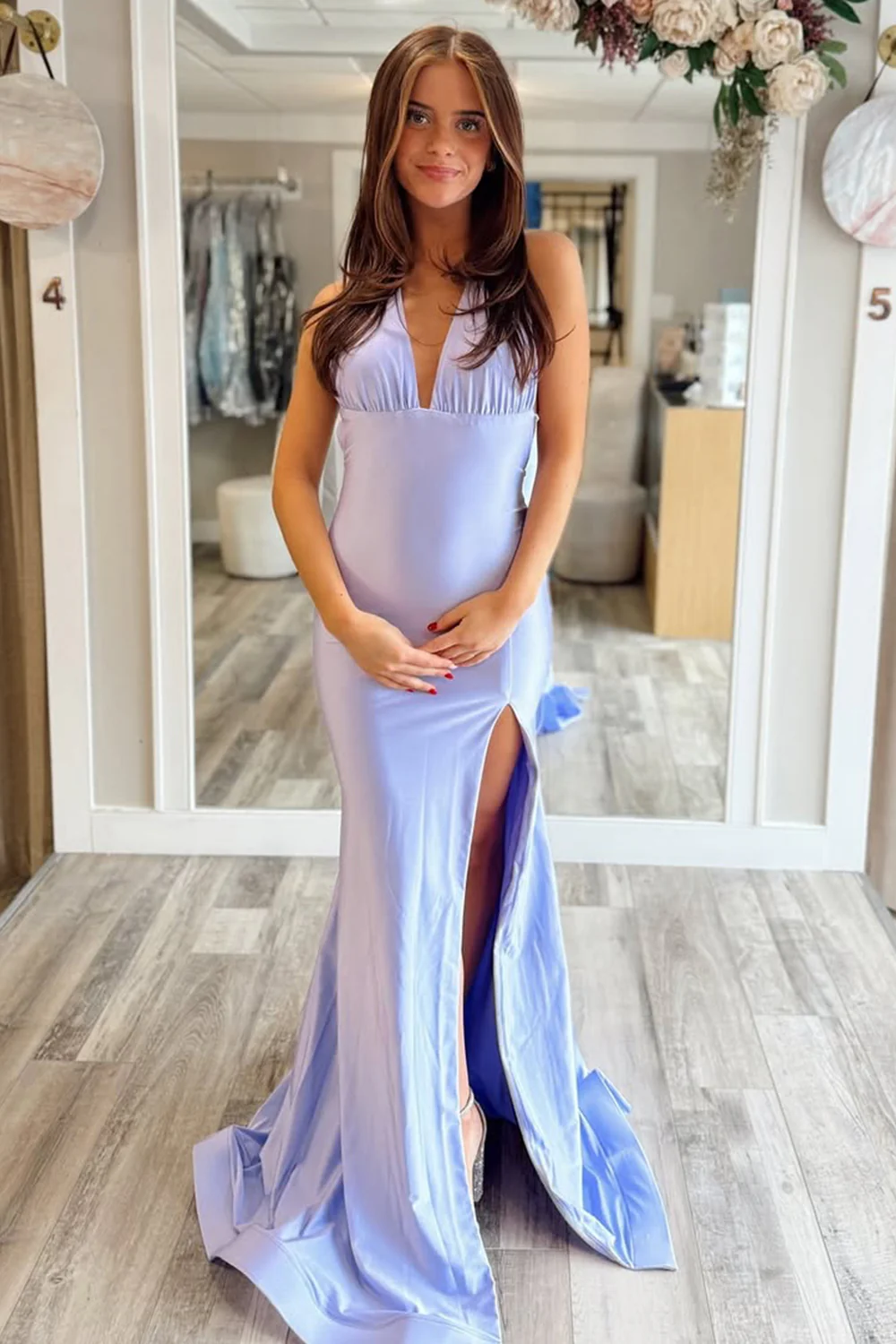 Fashion Forward Deep V-Neck Mermaid Style with Flowing Satin and Slit Prom Dress - Image 6