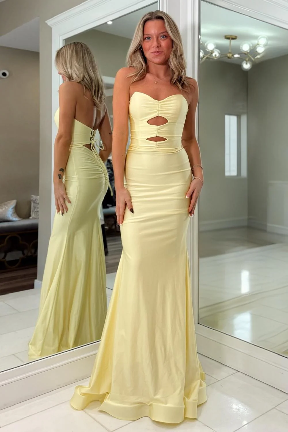 Fashionable Mermaid Sweetheart Yellow Long Prom Dress with Keyhole Criss Cross Back - Image 6