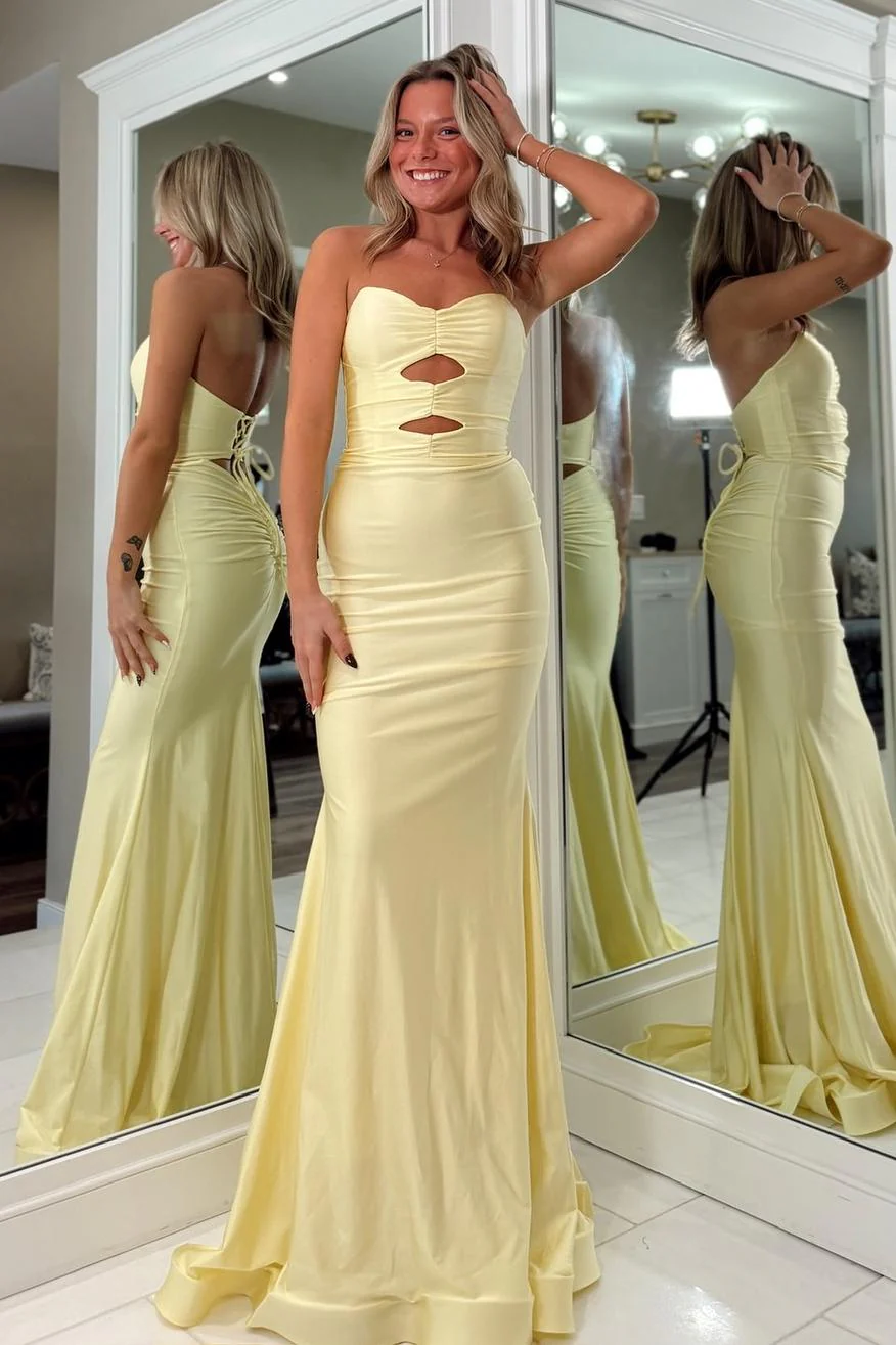 Fashionable Mermaid Sweetheart Yellow Long Prom Dress with Keyhole Criss Cross Back - Image 9