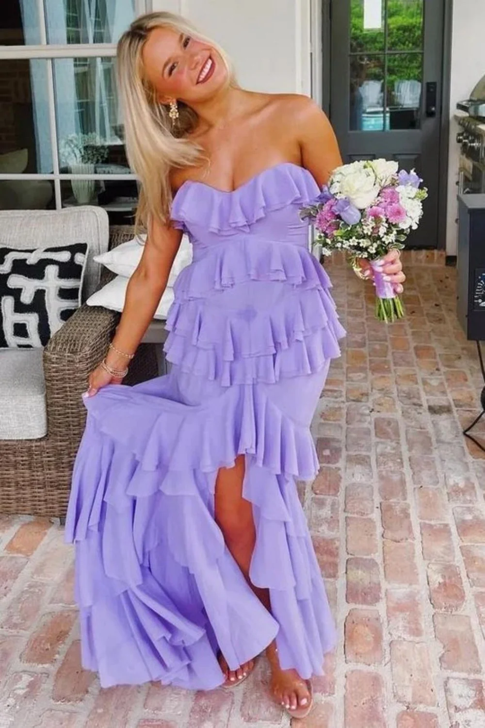 Feminine Blush Pink Strapless Layered Ruffle Prom Dress with Tiered Skirt - Image 2