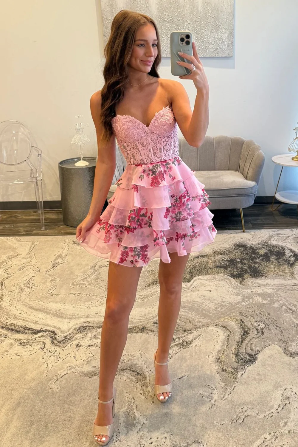 Floral A-Line Sweetheart Corset Homecoming Dress with Ruffled Tulle Skirt - Image 9