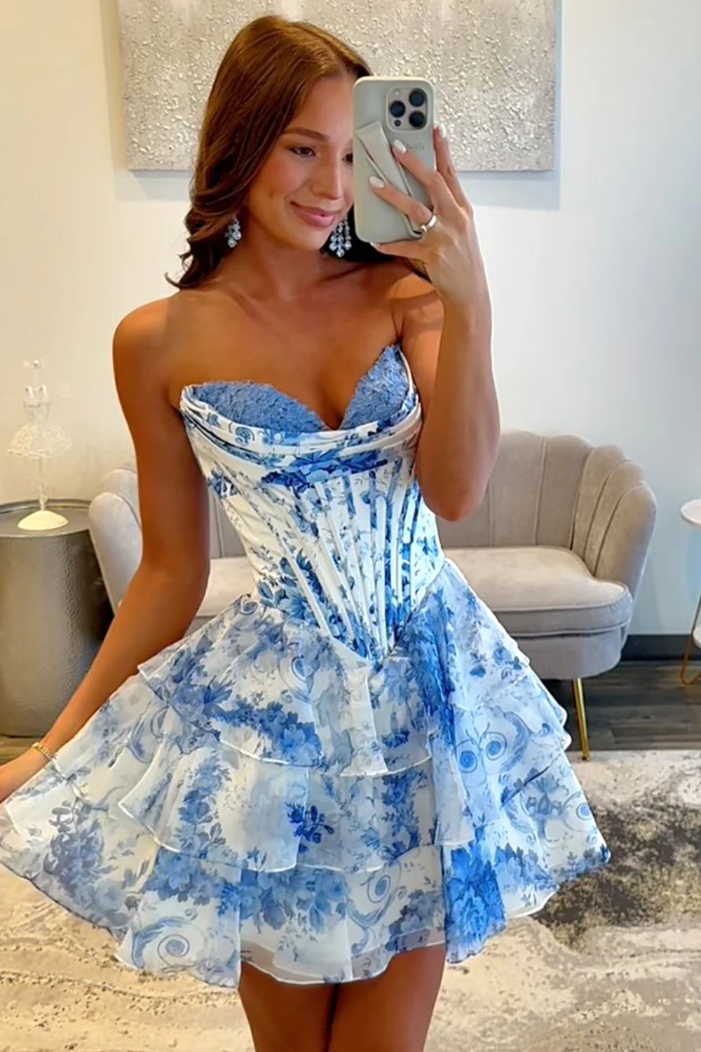 A-Line Sweetheart Floral Print Layered Short Homecoming Dress - Image 8