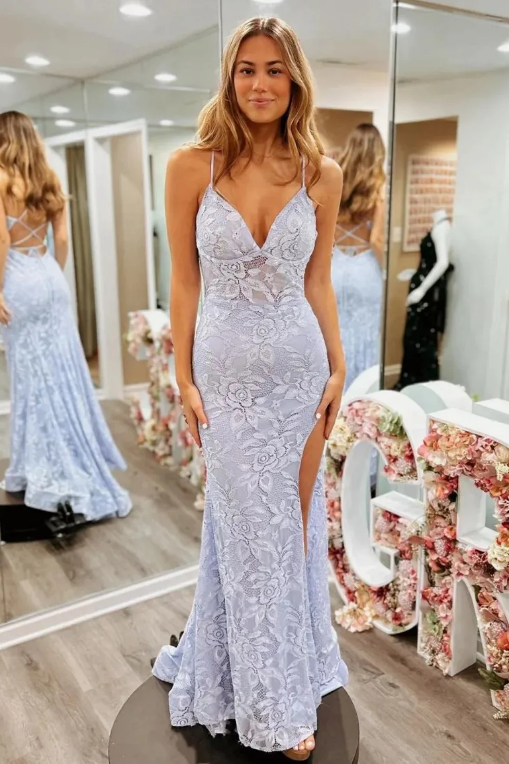 Floral Lavender Lace Spaghetti Straps Lace Up Prom Gown with Slit - Image 4