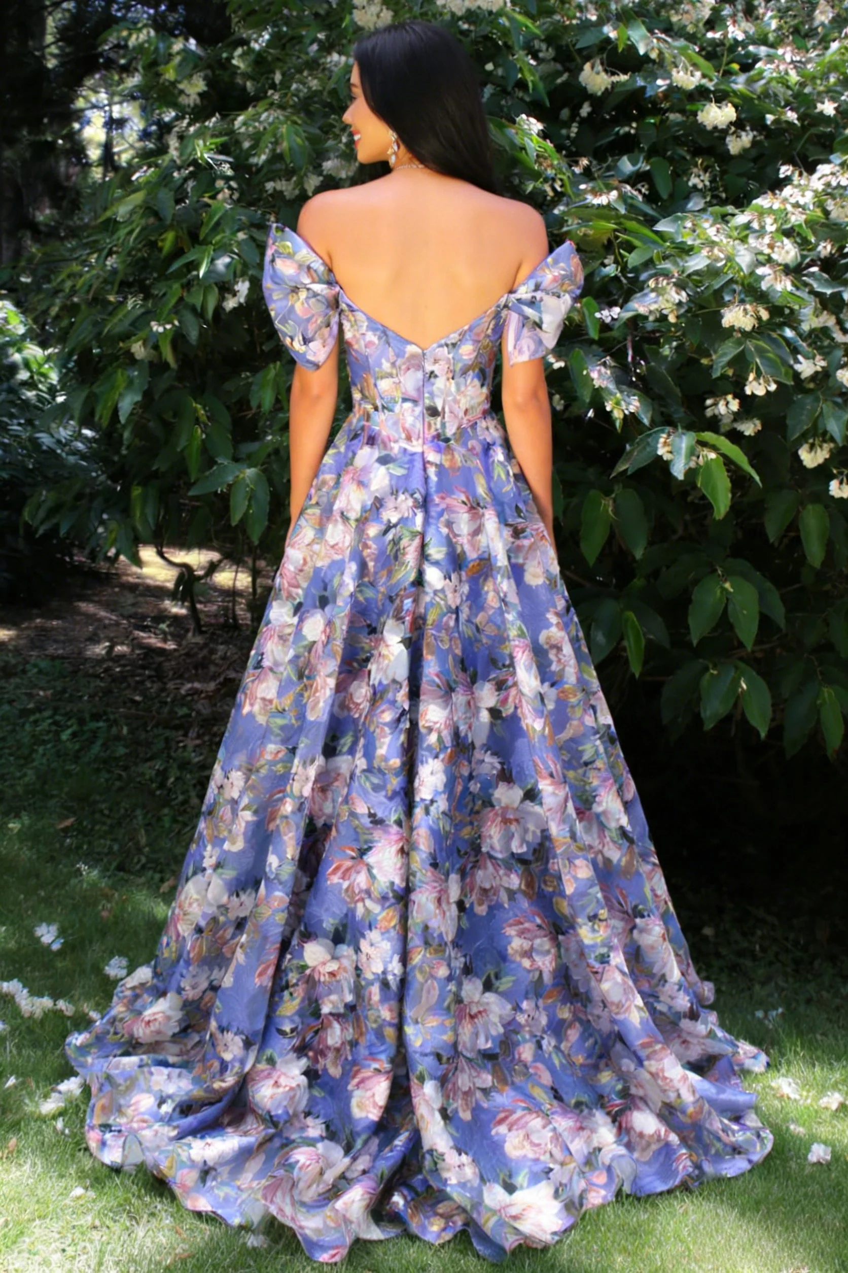 Floral Off-Shoulder Corset Prom Dress with Puff Sleeves and Full A-Line Skirt - Image 2