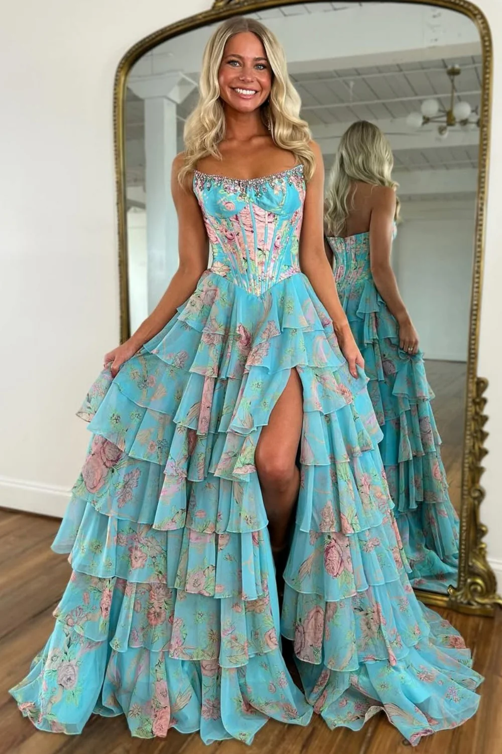 Floral Print A-Line Strapless Tiered Prom Dress with Fitted Corset And Slit - Image 11