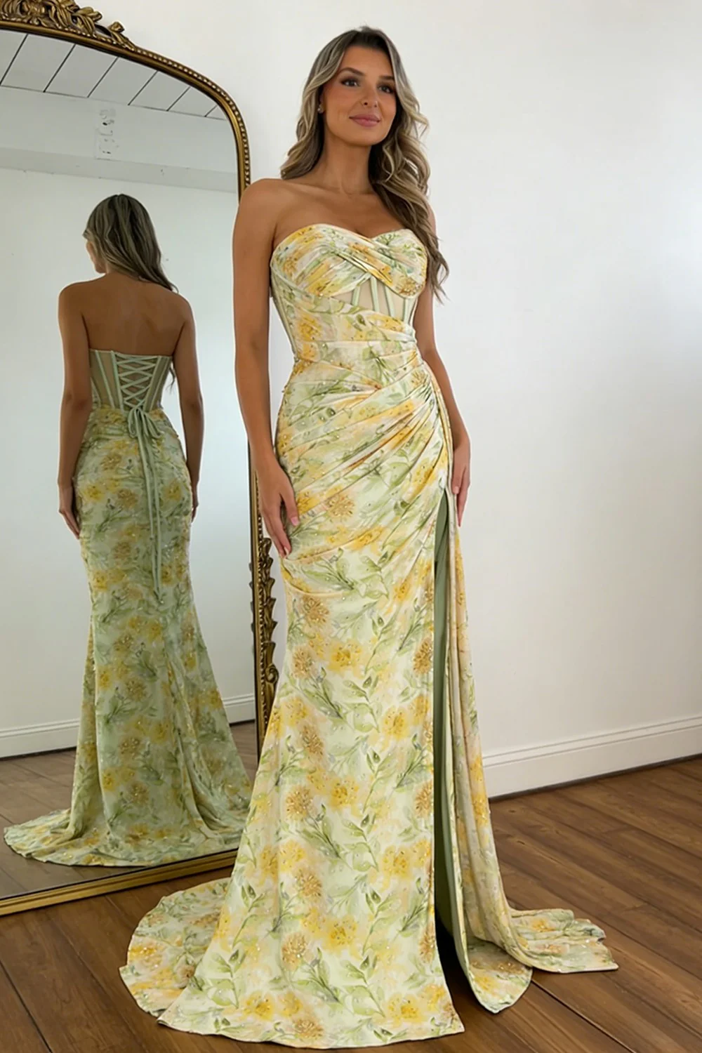 Floral Print Glitter Sweetheart Lace Up Prom Dress with Corset Bodice and High Slit - Image 3