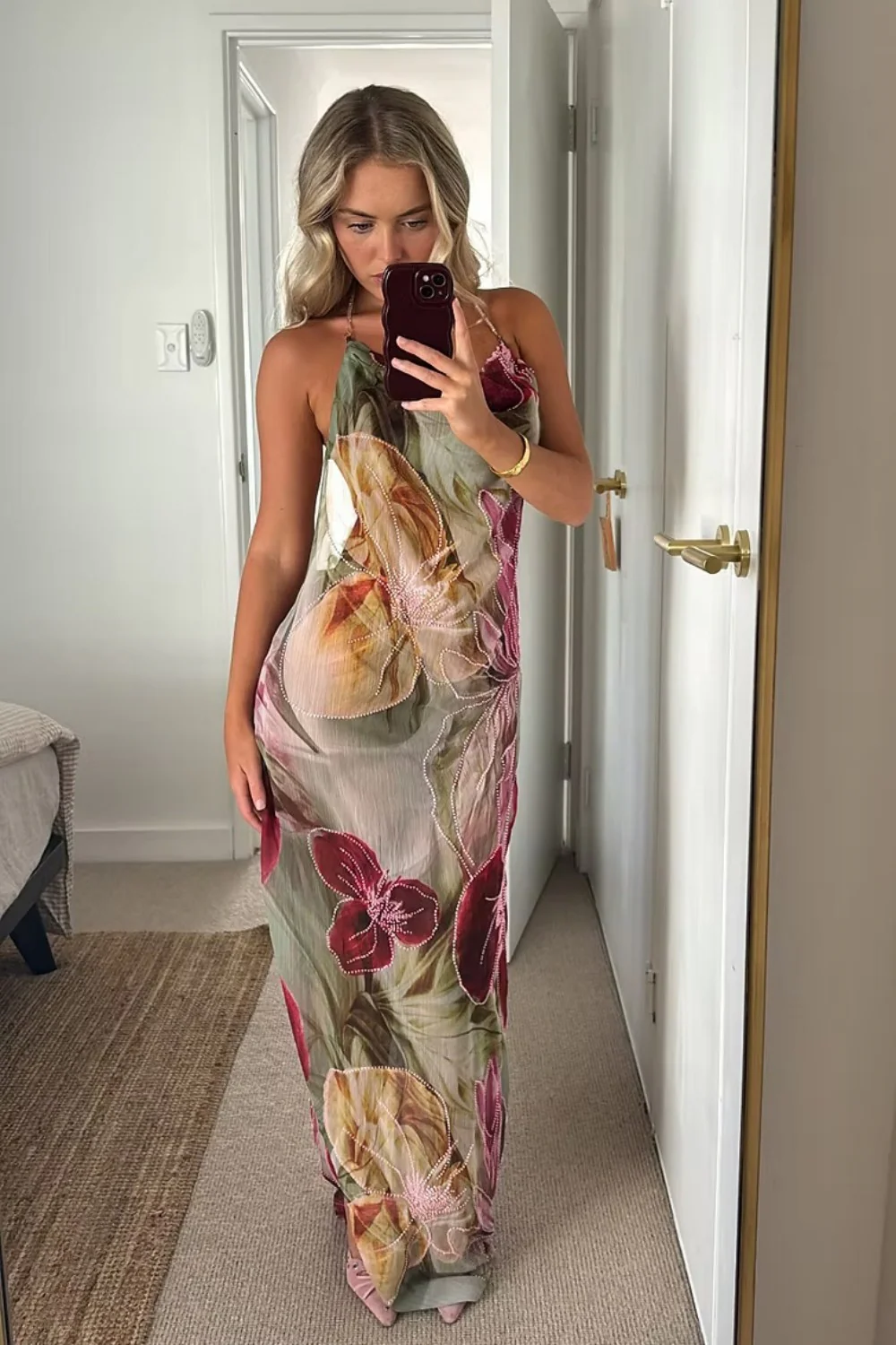 Floral Print Halter Neck Open Back Prom Dress with Draped Neckline - Image 4