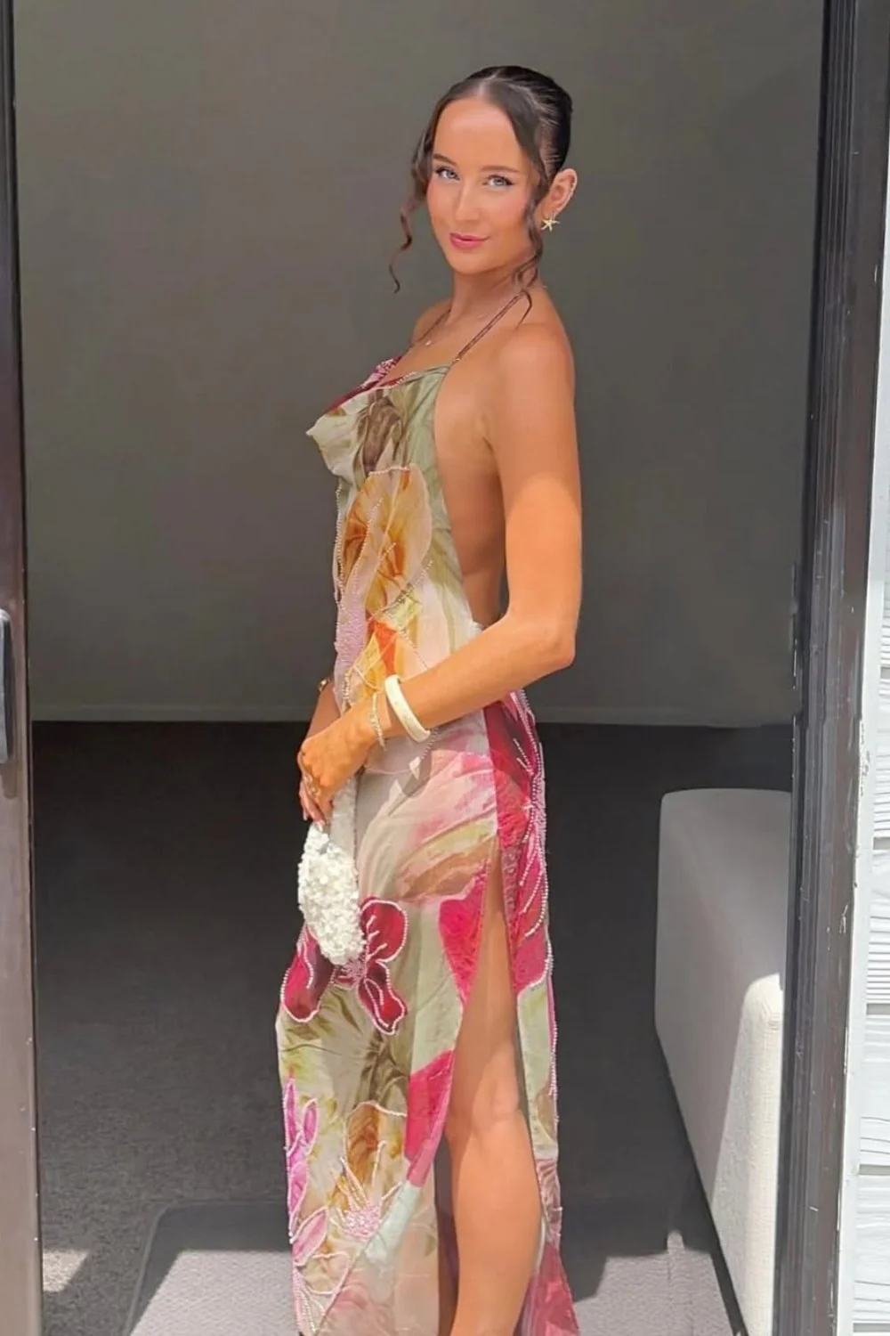 Floral Print Halter Neck Open Back Prom Dress with Draped Neckline - Image 8