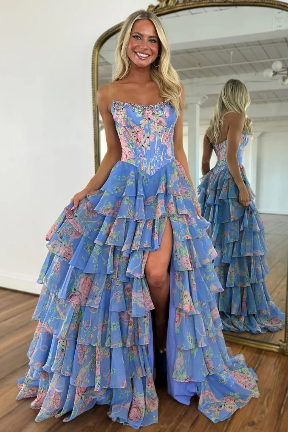 Floral Print Tiered Ruffle Prom Dress with Sparkle Corset Detail & Front Slit - Image 5
