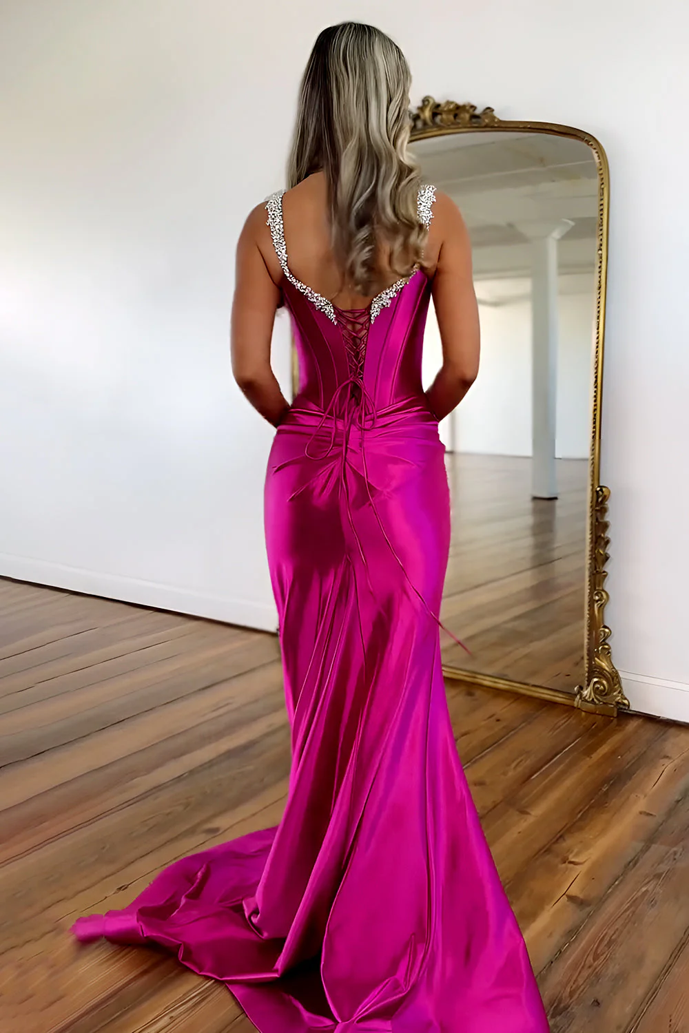 Fuchsia Mermaid Prom Dress with Lace Up Back Beaded Straps and Elegant Satin Slit Skirt - Image 2