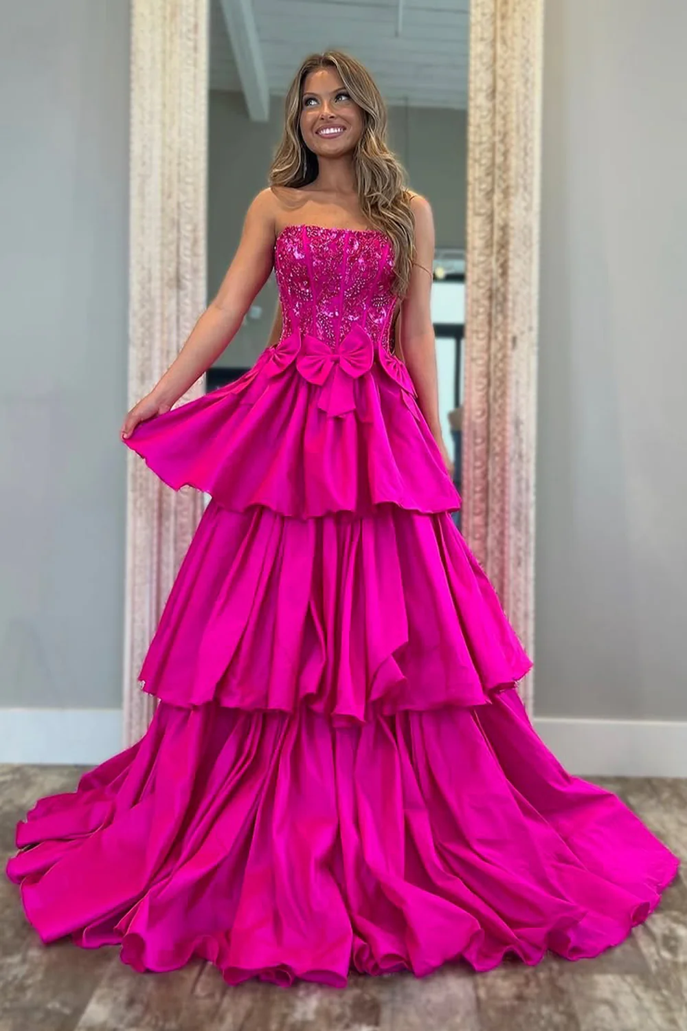 Fuchsia Strapless Layered Satin A-Line Prom Dress with Glitter Bodice and Bowknot - Image 2