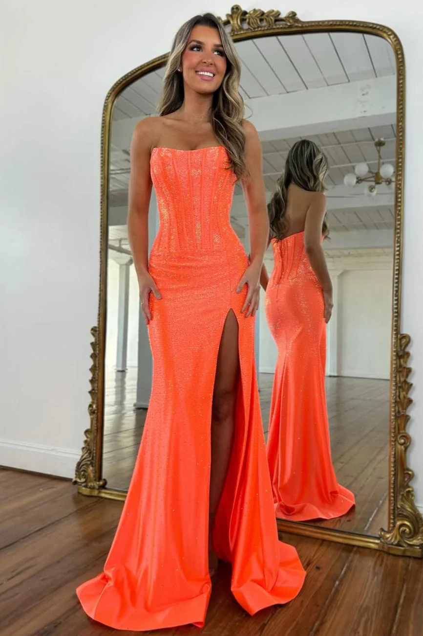 Glam Orange Strapless High-Slit Prom Dress with Corset Bodice and Sparkle - Image 5
