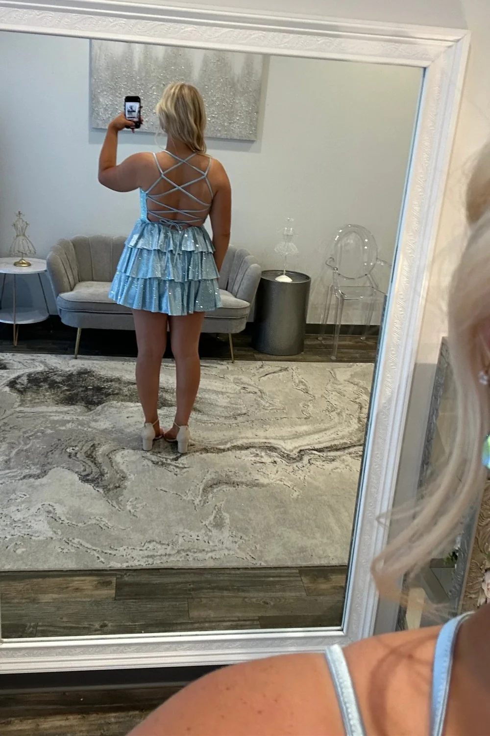 Glamorous A-Line Spaghetti Straps Short Tiered Sparkly Homecoming Dress - Image 8