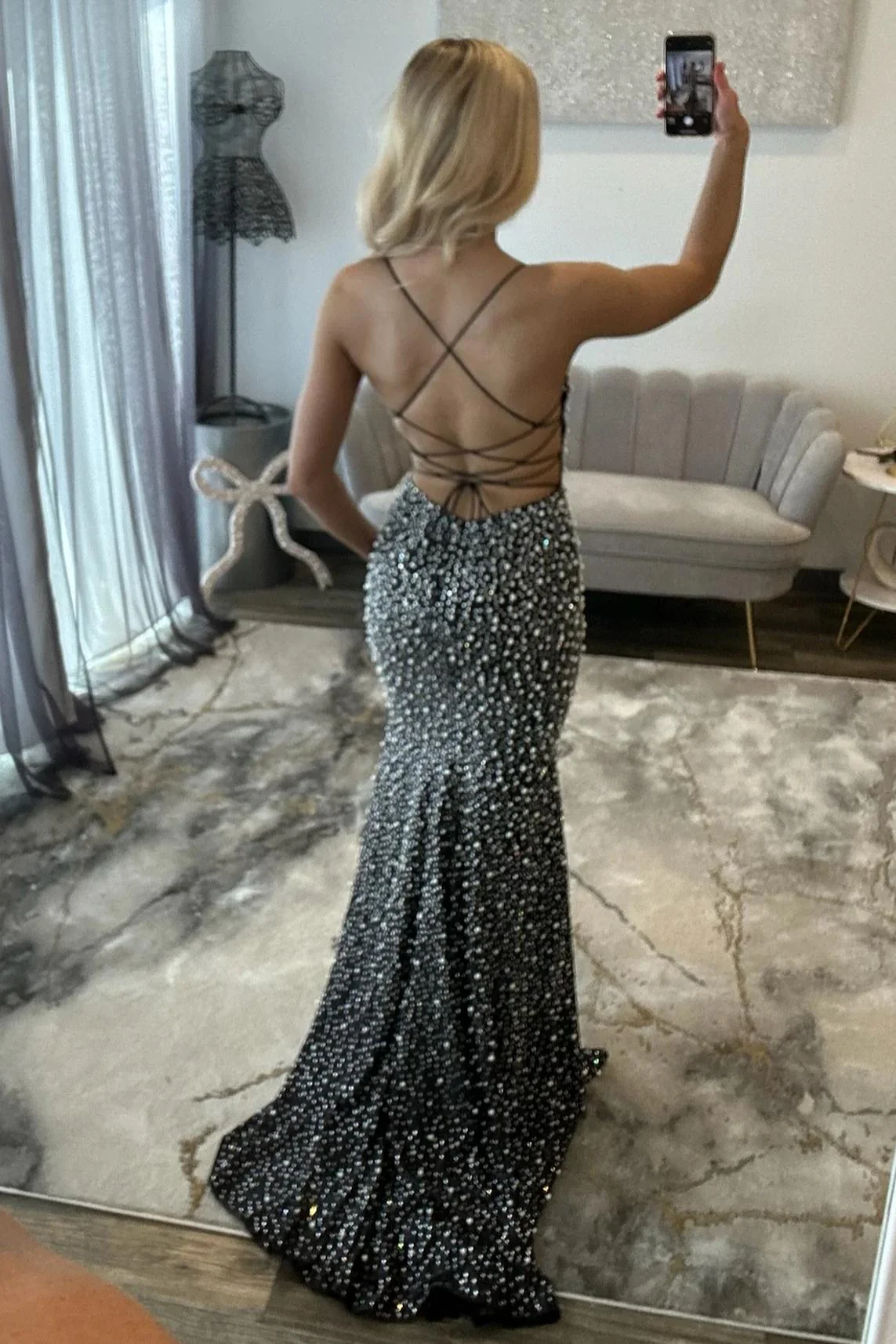 Glamorous Black Pearl Beaded Spaghetti Straps Mermaid Prom Dress - Image 8