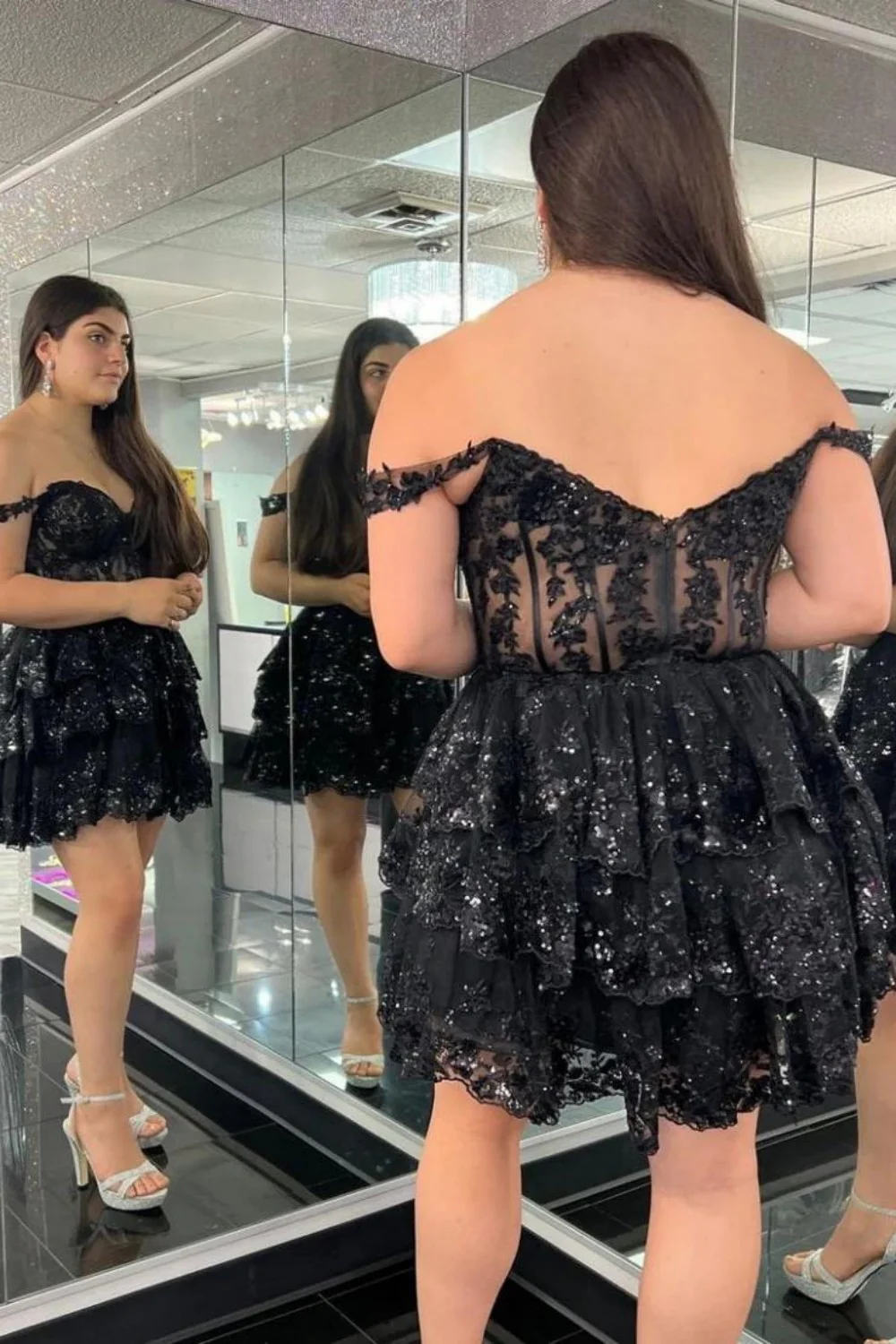 Glamorous Dark Blue Off-The-Shoulder A-Line Tiered Short Party Dress - Image 6