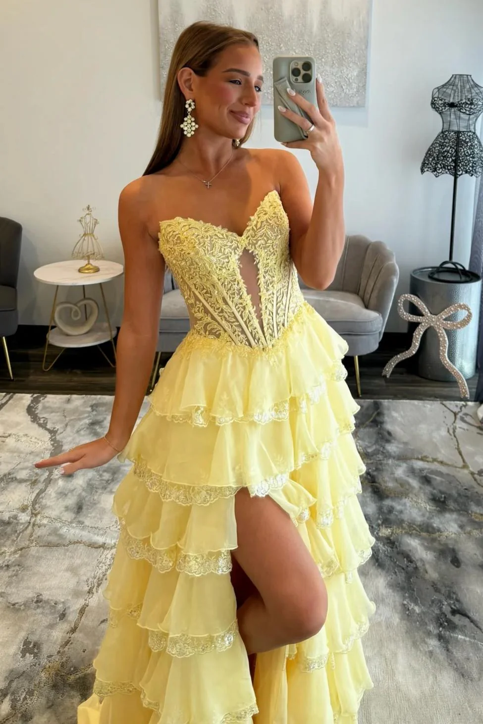 Glamorous Light Blue Strapless Lace Corset Tiered Tulle Prom Dress with Slit - Image 10