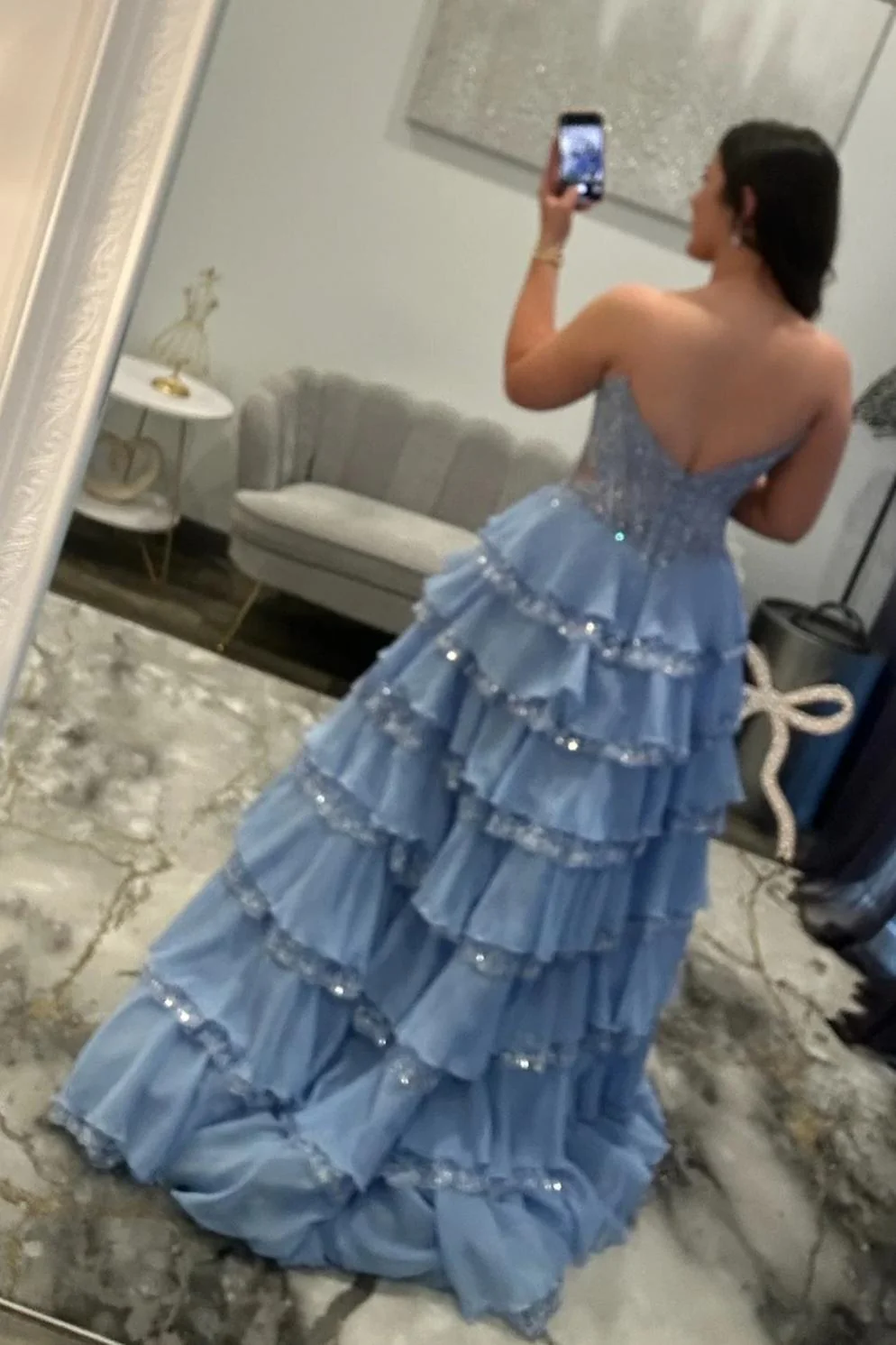 Glamorous Light Blue Strapless Lace Corset Tiered Tulle Prom Dress with Slit - Image 12