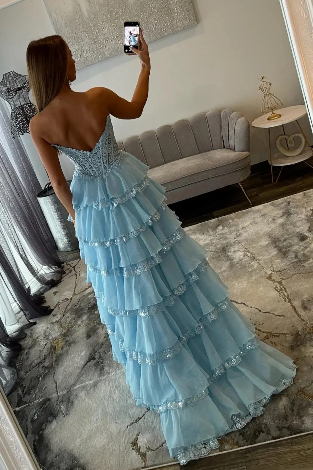 Glamorous Light Blue Strapless Lace Corset Tiered Tulle Prom Dress with Slit - Image 2