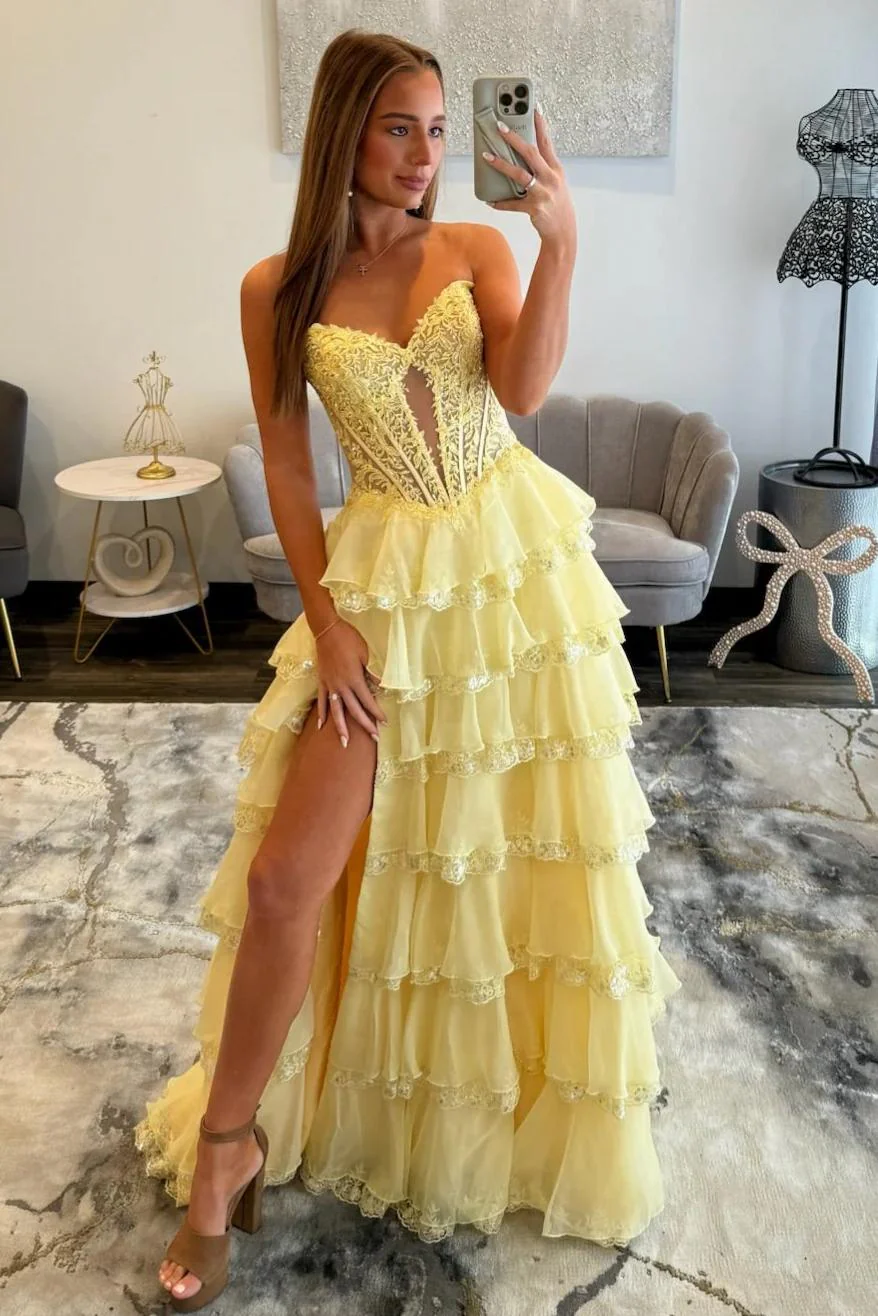 Glamorous Light Blue Strapless Lace Corset Tiered Tulle Prom Dress with Slit - Image 6