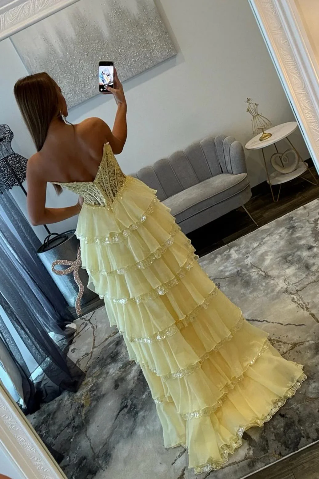 Glamorous Light Blue Strapless Lace Corset Tiered Tulle Prom Dress with Slit - Image 7