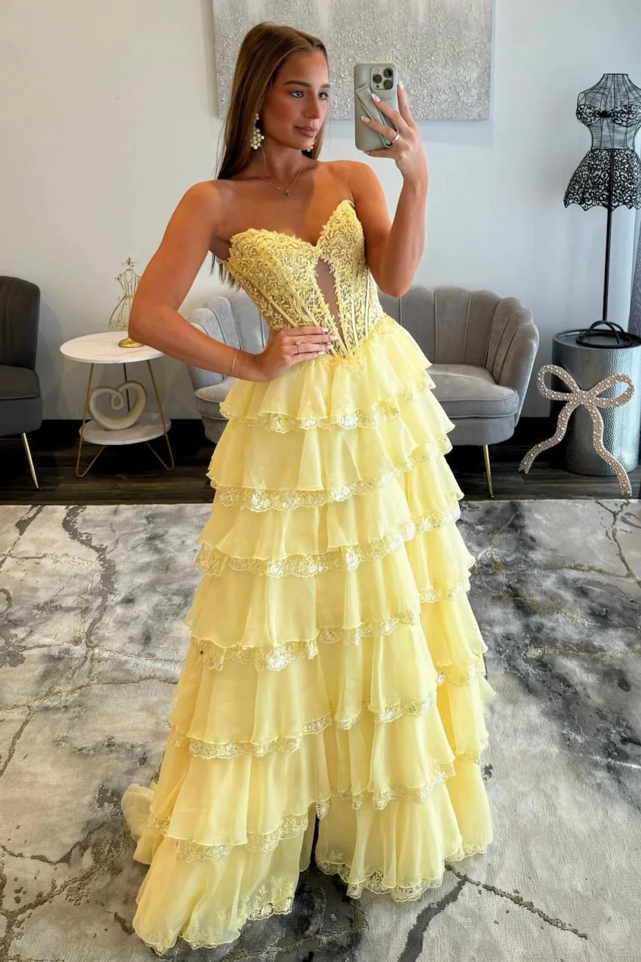 Glamorous Light Blue Strapless Lace Corset Tiered Tulle Prom Dress with Slit - Image 9