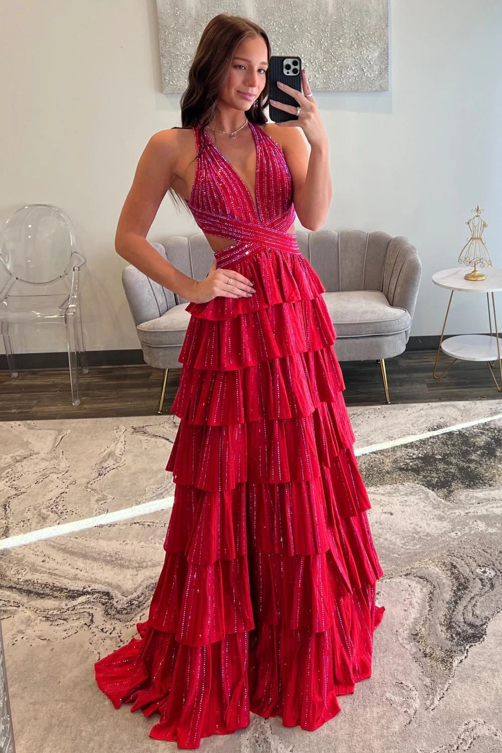 Glamorous Red Sparkly Beaded Halter Prom Dress with Layered Ruffles