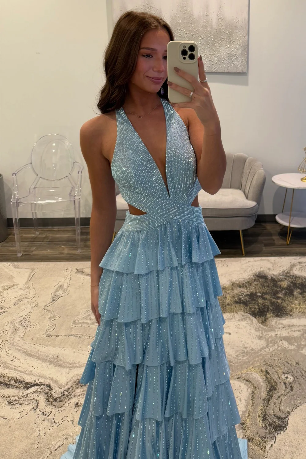 Glamorous Red Sparkly Beaded Halter Prom Dress with Layered Ruffles - Image 6