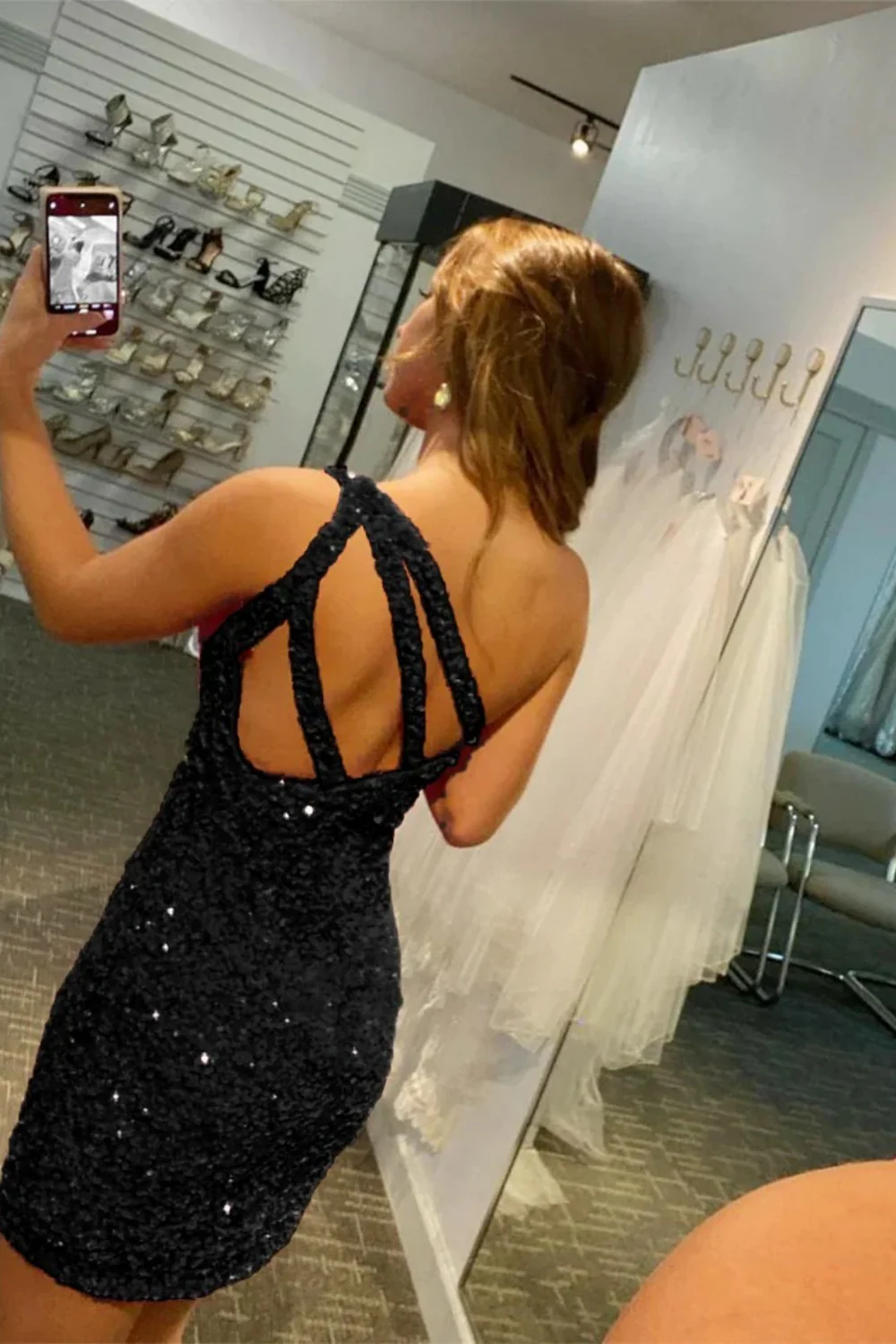 Glitter Black One-Shoulder Sequin Homecoming Dress with Fitted Skirt - Image 3