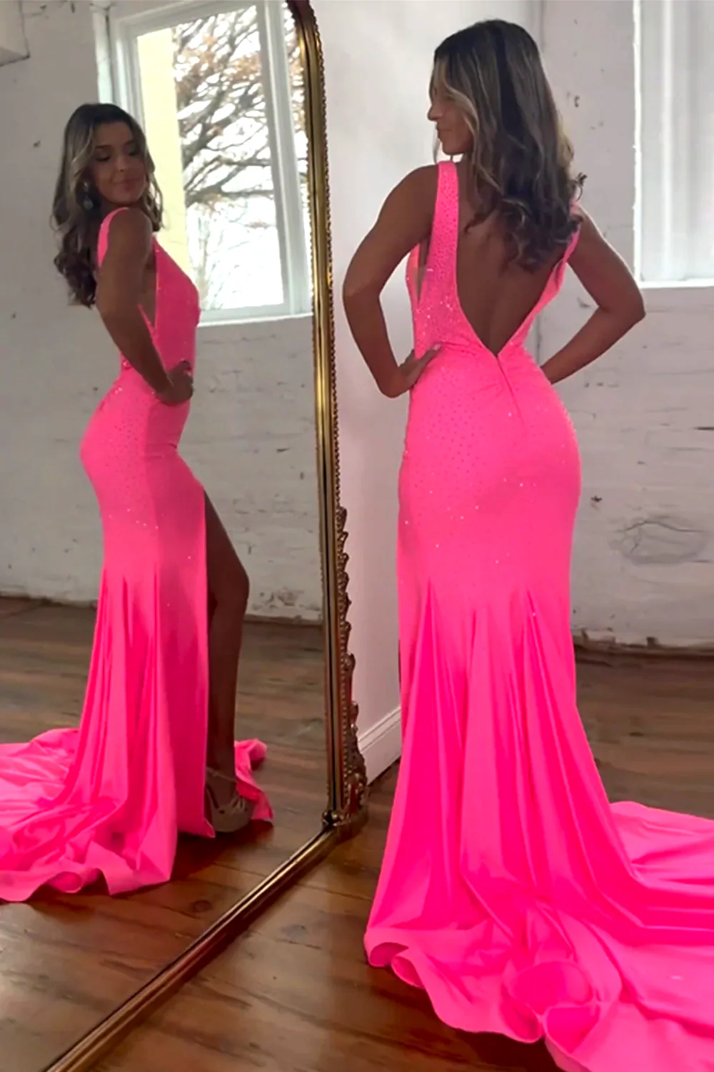 Glitter Pink Mermaid Prom Dress with V Neckline Beaded Embellishment and Sweep Train - Image 3