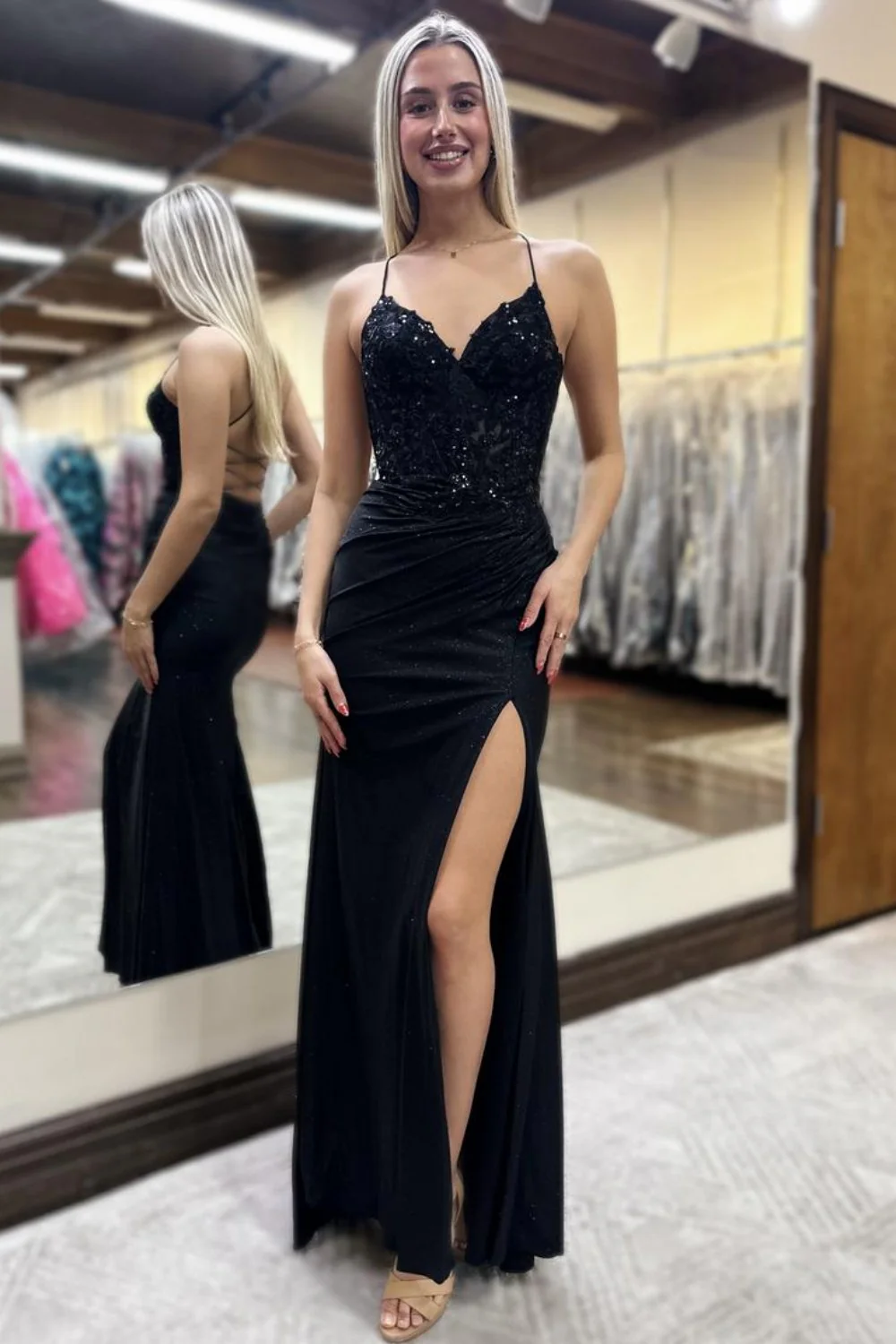 Glitter Royal Blue Spaghetti Straps Lace Up  Prom Dress with Lace Top - Image 4