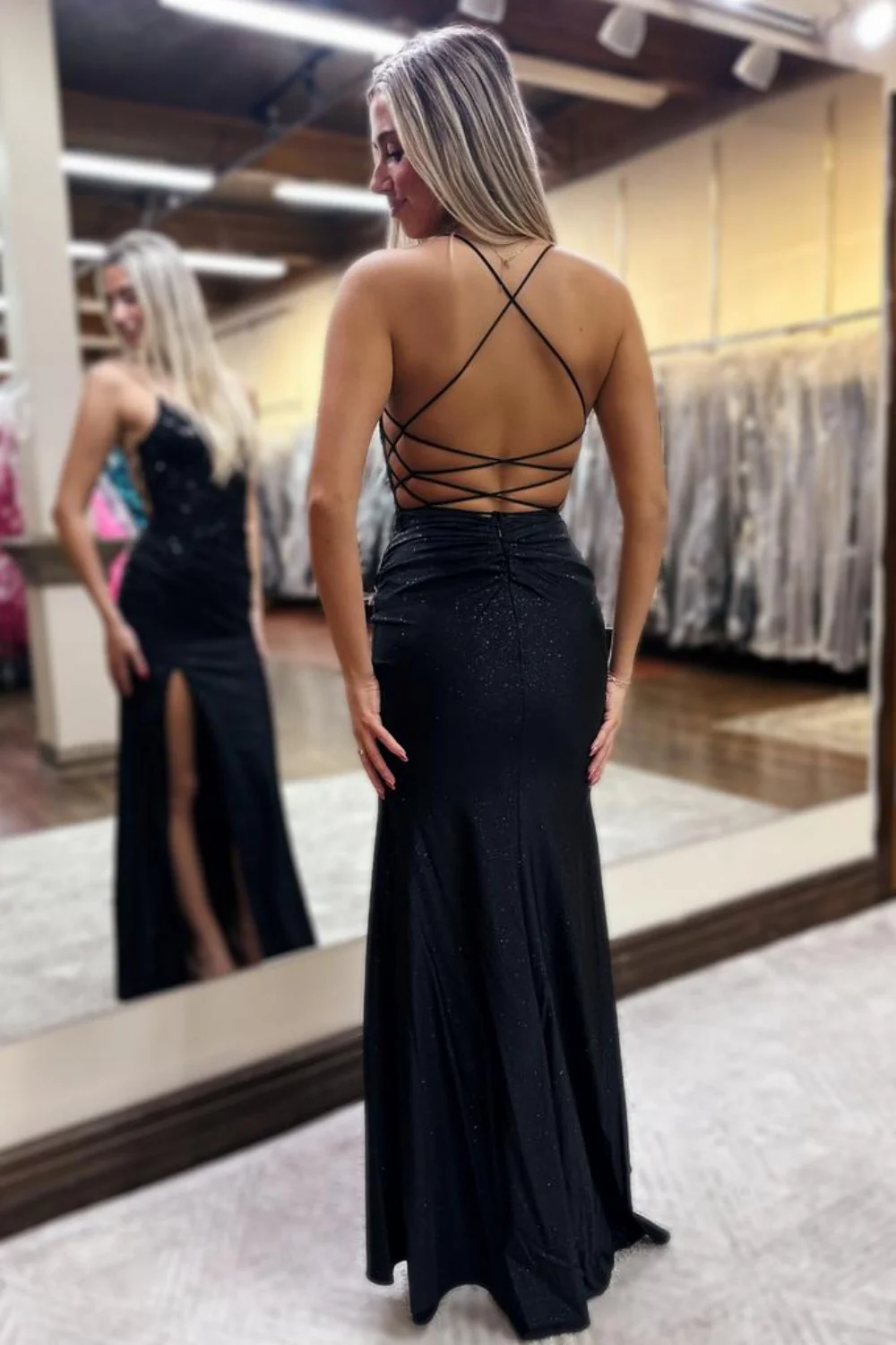 Glitter Royal Blue Spaghetti Straps Lace Up  Prom Dress with Lace Top - Image 5