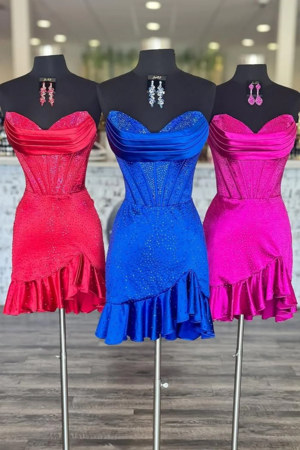 Glitter Strapless Satin Homecoming Dress with Beading and Ruffled Hem - Image 11
