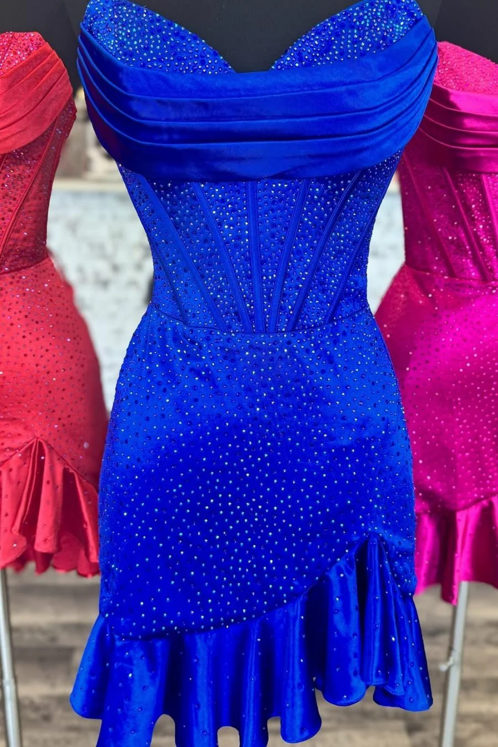 Glitter Strapless Satin Homecoming Dress with Beading and Ruffled Hem - Image 13