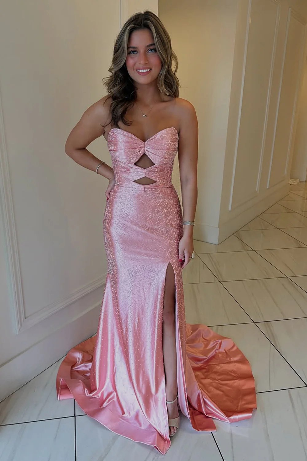 Glitter Yellow Mermaid Sweetheart Long Beaded Prom Dress with Leg Slit - Image 10