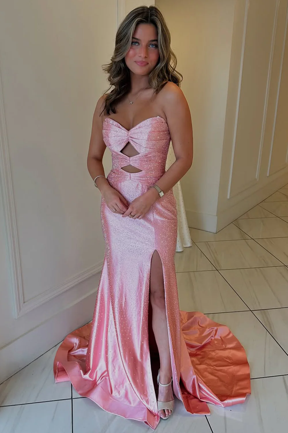 Glitter Yellow Mermaid Sweetheart Long Beaded Prom Dress with Leg Slit - Image 11