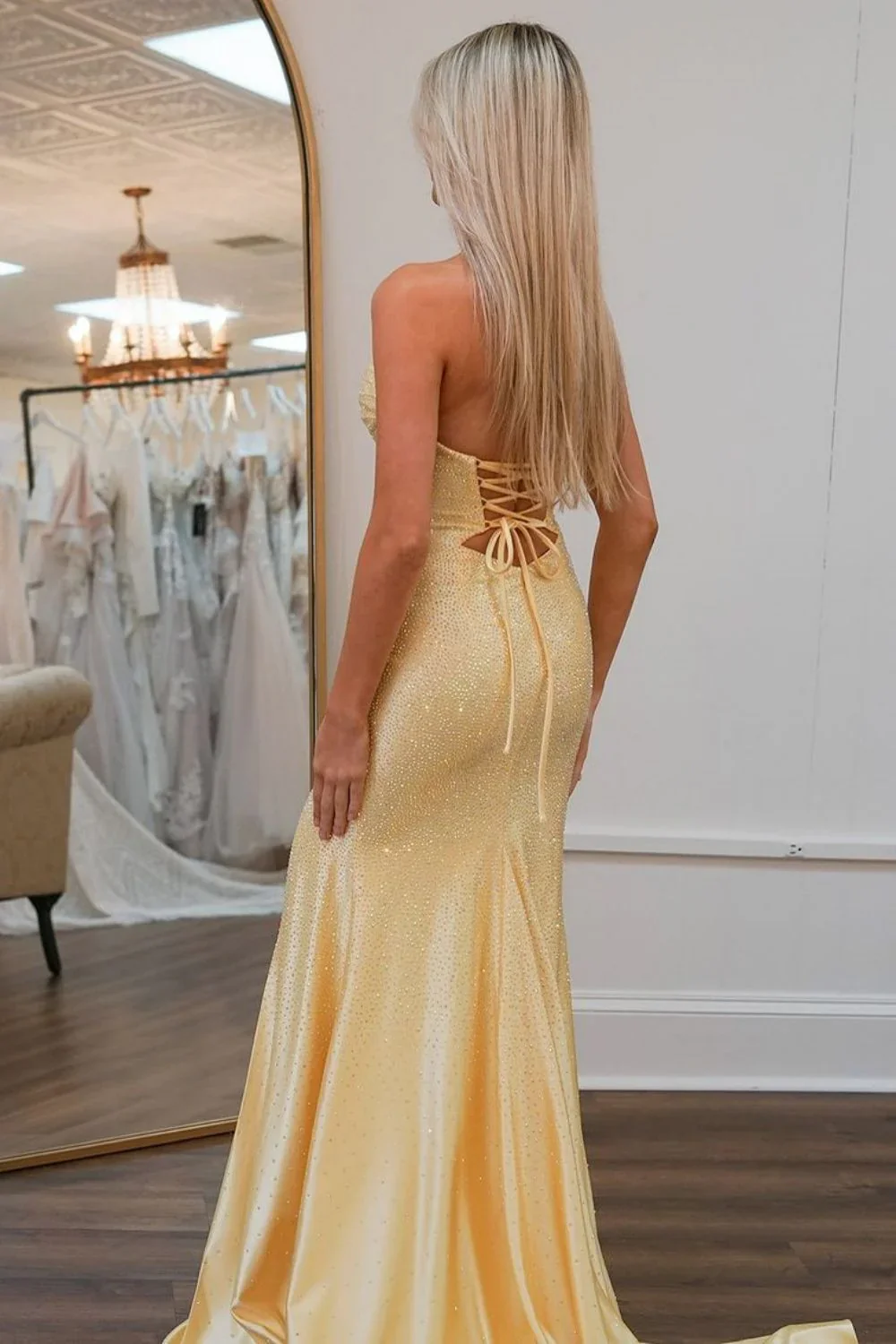 Glitter Yellow Mermaid Sweetheart Long Beaded Prom Dress with Leg Slit - Image 5