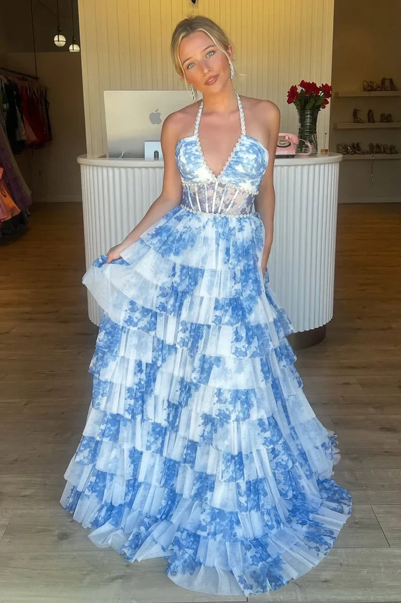 Gorgeous A Line Halter Neck Pink Floral Printed Corset Prom Dress with Ruffles - Image 8