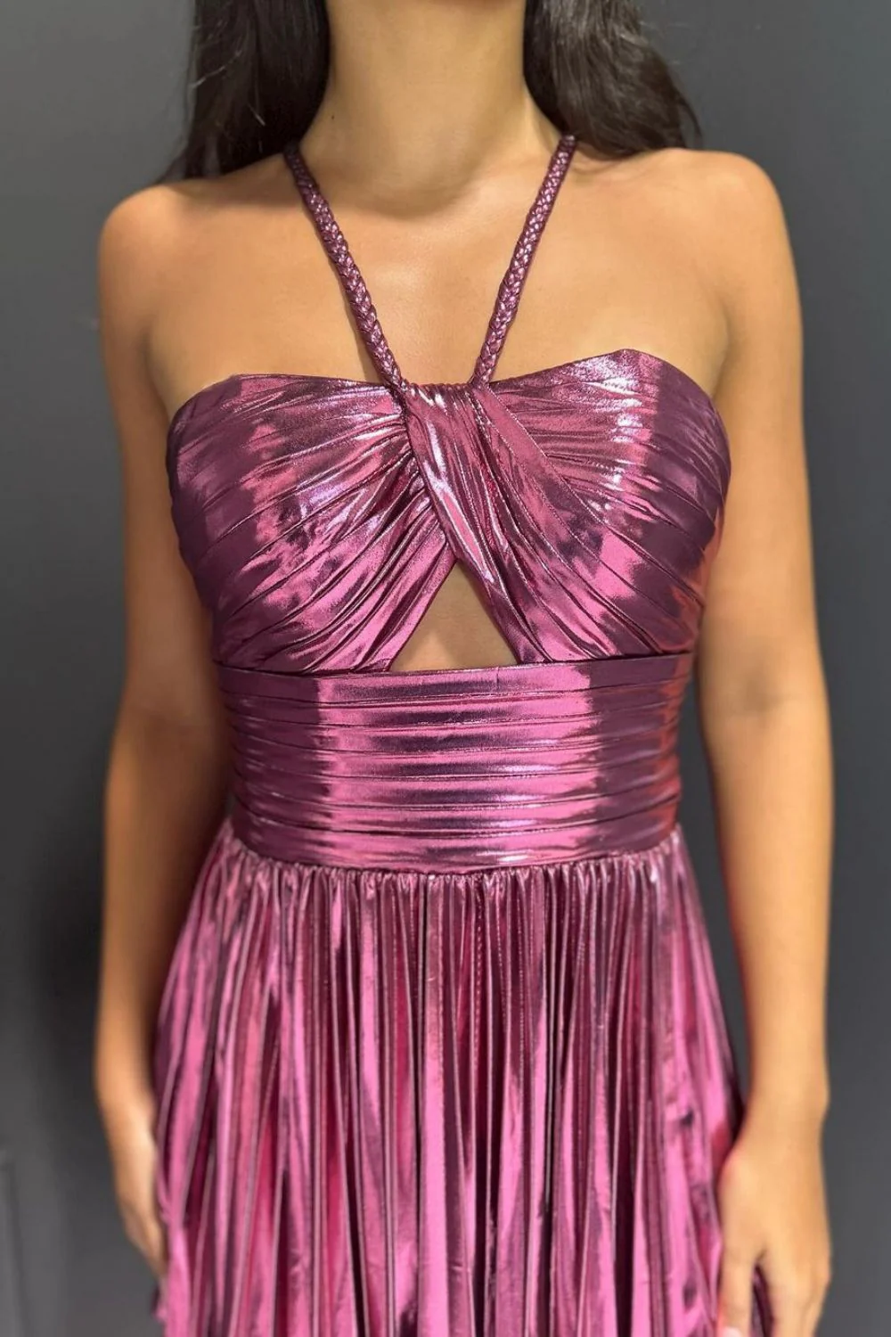 Gold Metallic A-Line Mini Dress with Halter Neck Cut Homecoming Dress - Image 14