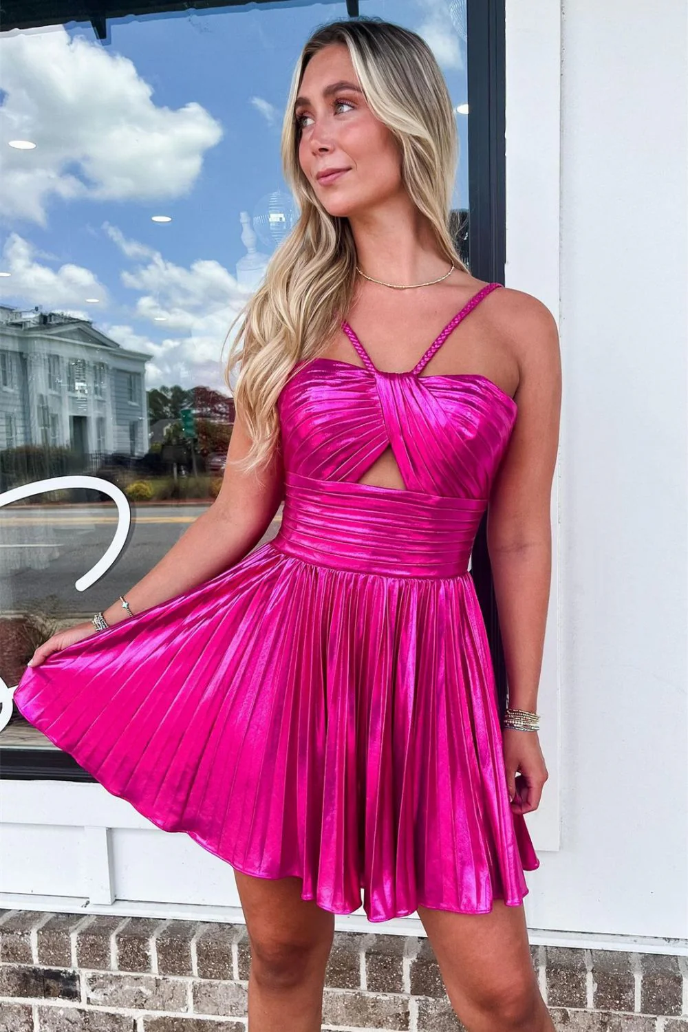 Gold Metallic A-Line Mini Dress with Halter Neck Cut Homecoming Dress - Image 9