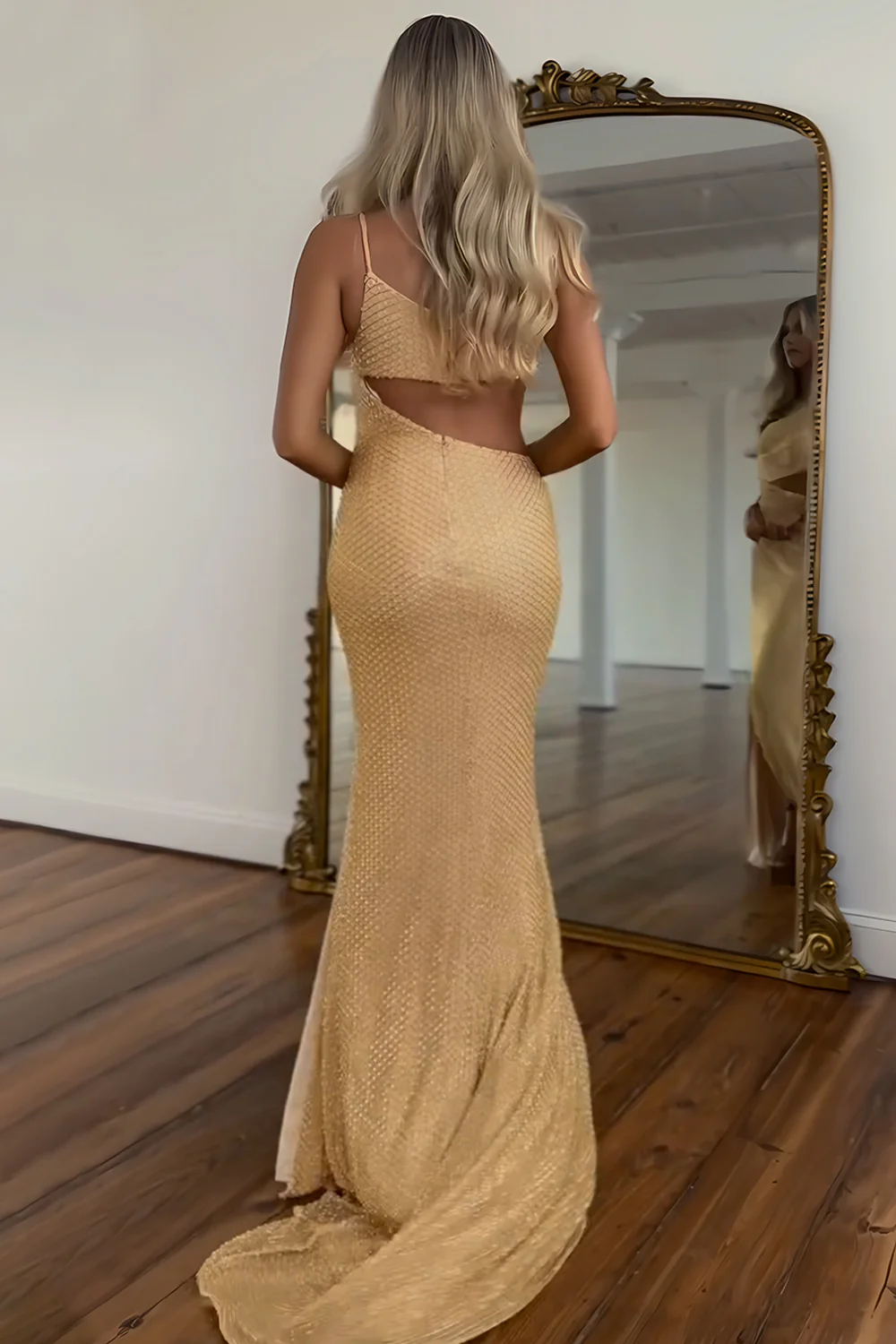 Gold One-Shoulder Sequin Mermaid Prom Dress with Architectural Cutout - Image 2