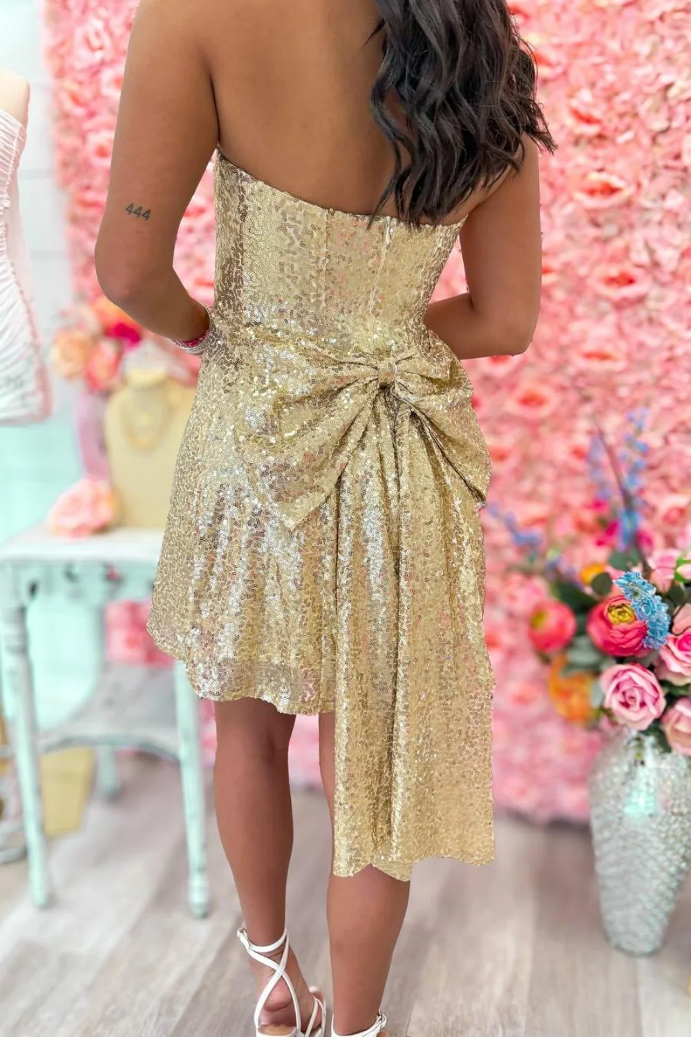 Gold Strapless Sequin Mini Homecoming Dress with Back Bow Detail - Image 10