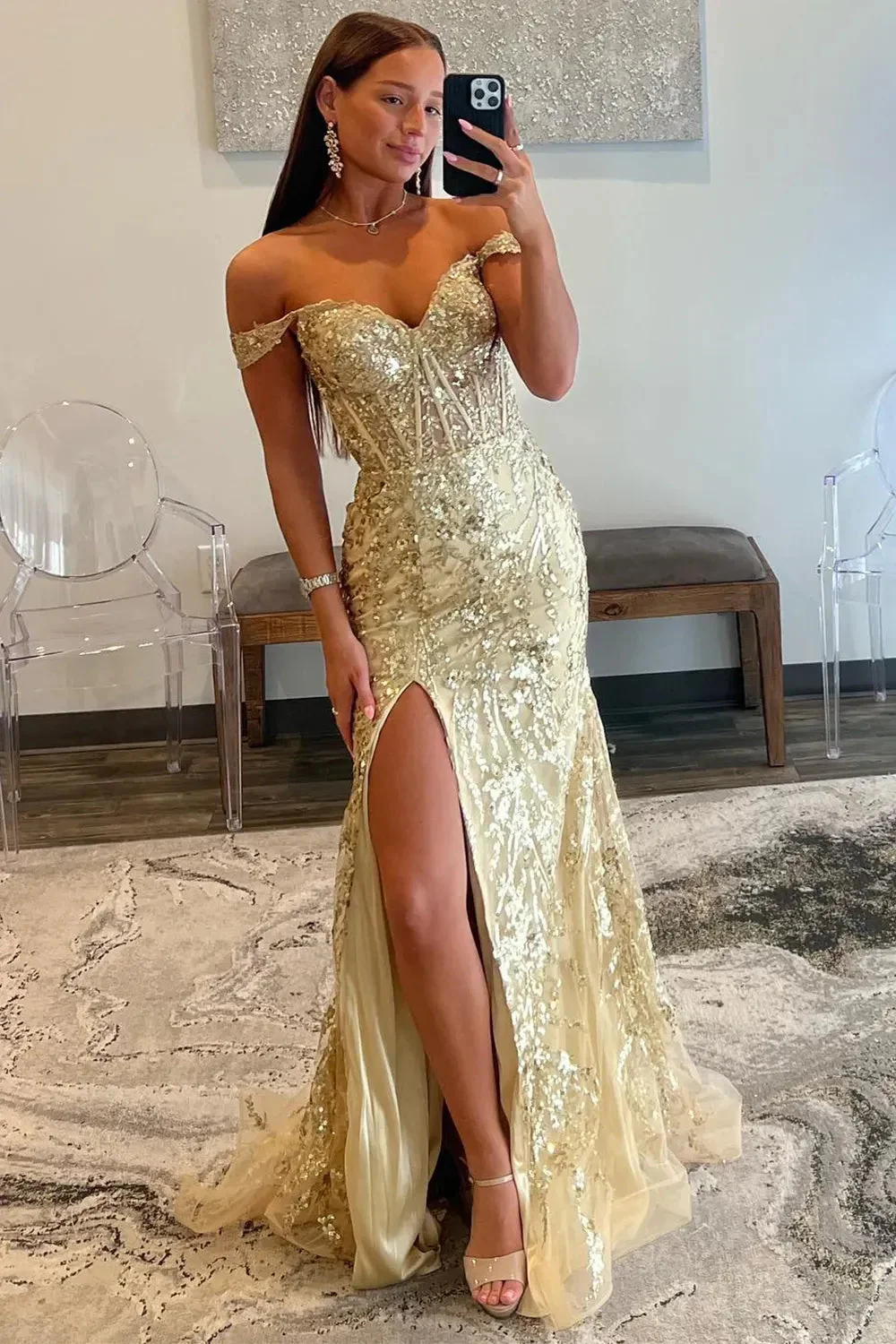 Golden Off the Shoulder Mermaid Prom Dress with Finish Slit and Sequined Appliques - Image 2
