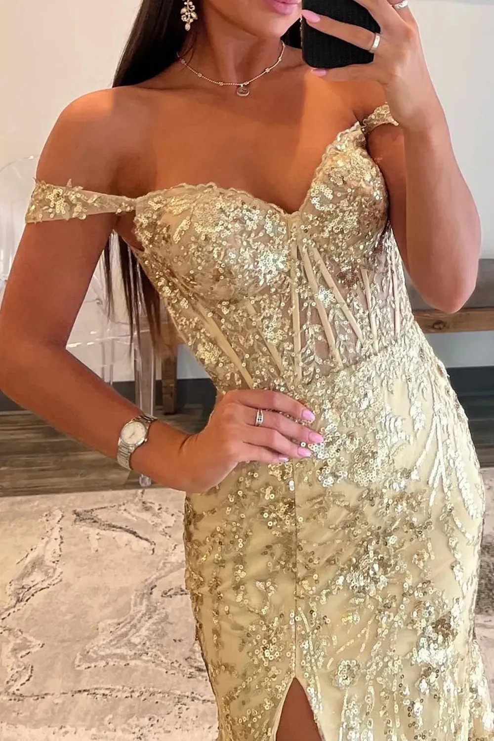 Golden Off the Shoulder Mermaid Prom Dress with Finish Slit and Sequined Appliques - Image 3