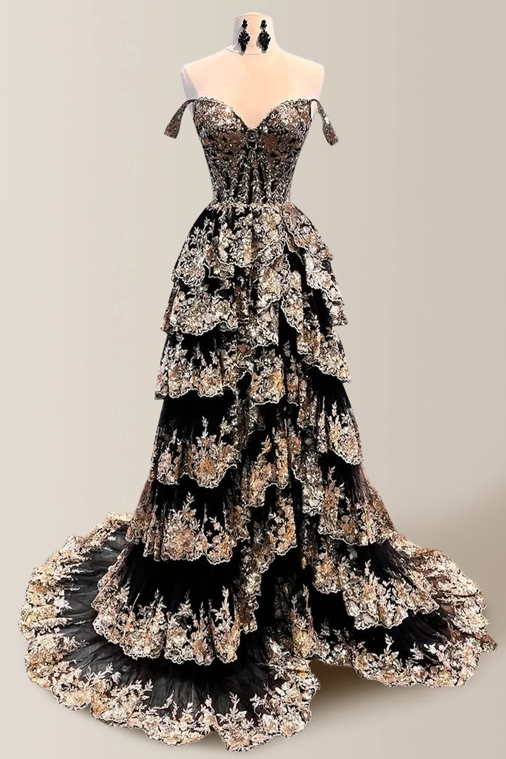 Gorgeous A-Line Off The Shoulder Long Tiered Prom Dress with Sequined Appliques - Image 3