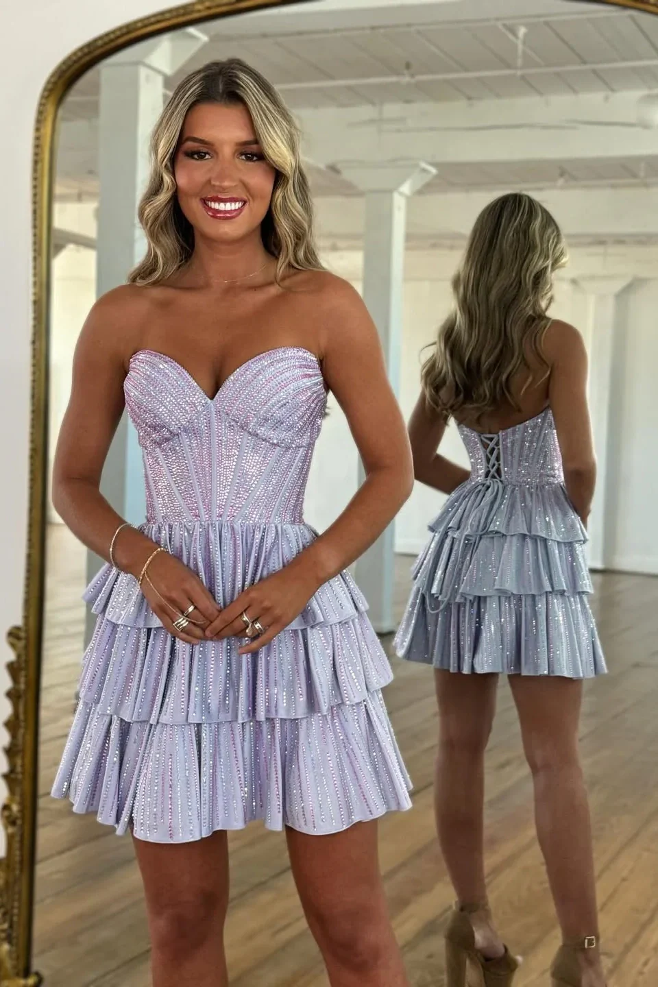 Gorgeous A-Line Silhouette with Sweetheart Neckline and Tiered Beaded Skirt Homecoming Dress - Image 8