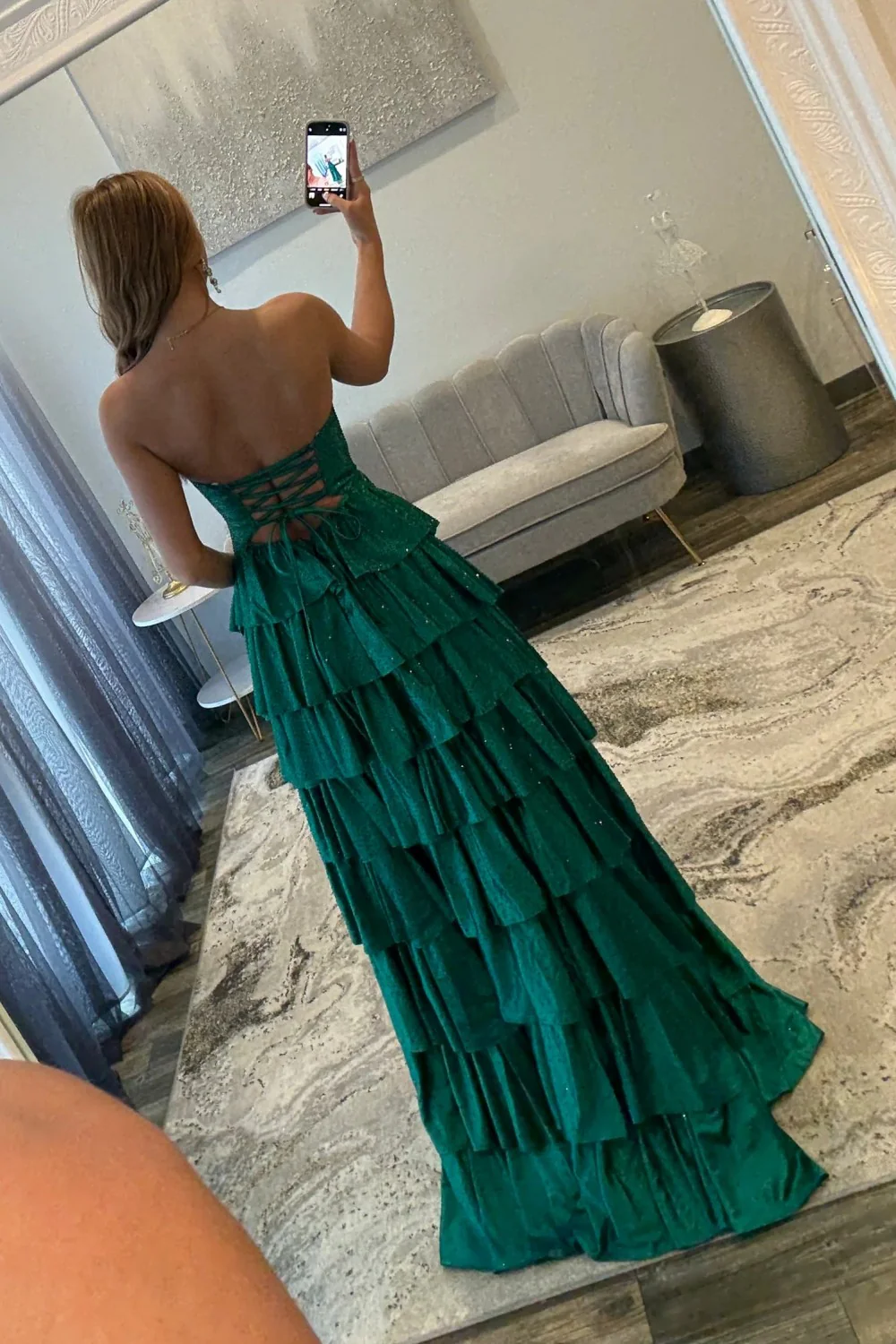 Strapless Hot A-Line Prom Dress with Keyhole Bodice Ruffle Skirt Slit and Lace Up Back - Image 19