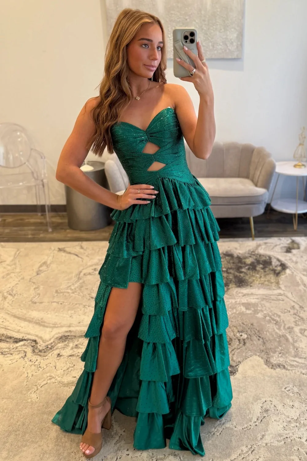 Strapless Hot A-Line Prom Dress with Keyhole Bodice Ruffle Skirt Slit and Lace Up Back - Image 21